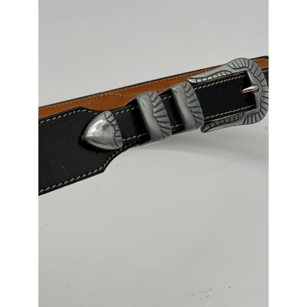Vintage Western Black Leather Belt Beaded Medallions Silver Engraved Buckle 30